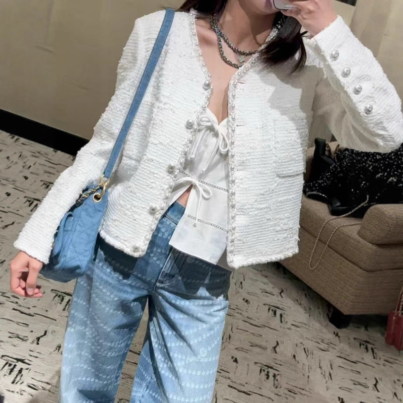 Specially Designed for Nanyou Autumn and Winter Fashion New Tweed Pearl Short Jacket with Elegant and Elegant Small Fragrance Round Neck Cardigan for Women