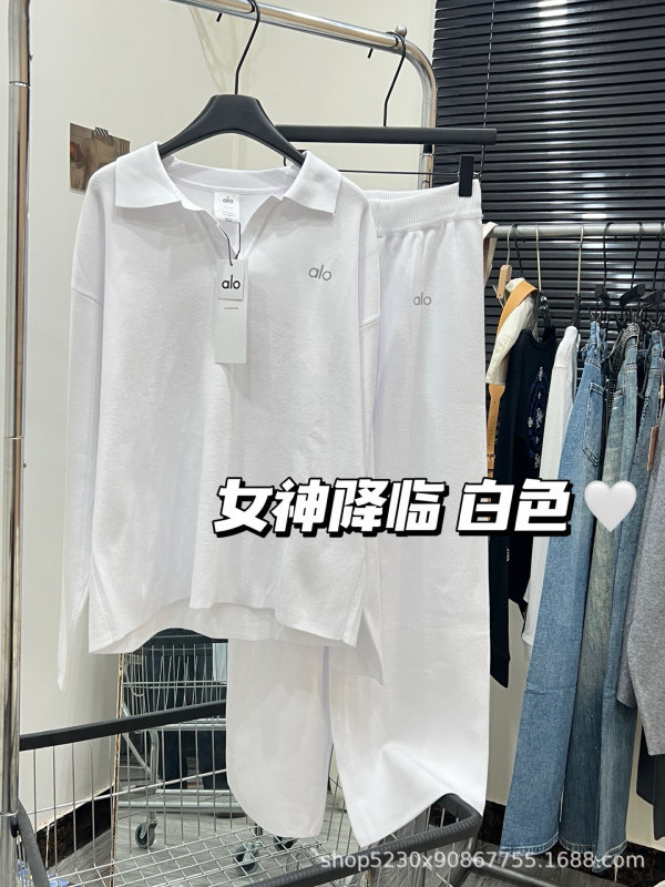 25秋季AL* 慵懒老钱风极简POLO领阔腿长裤 针织休闲套装女|undefined
