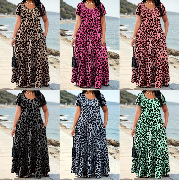 Plus-size women's clothing European and American cross-border Amazon summer bestseller leopard print round-neck pocket dress Plus-size women's clothing European and American cross-border Amazon summer bestseller leopard print round-neck pocket dress
