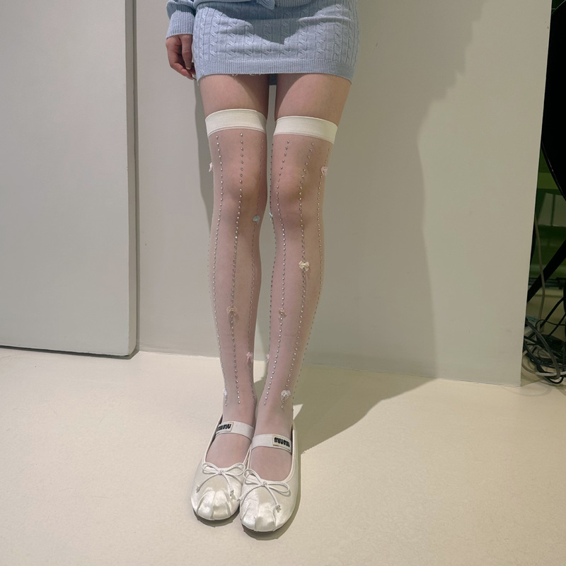 Summer New Design Vertical Strips with Hot Diamonds and Fine Glitter Yarn Small Bows, Any Cut Stockings, Sweet Girly Leg Socks