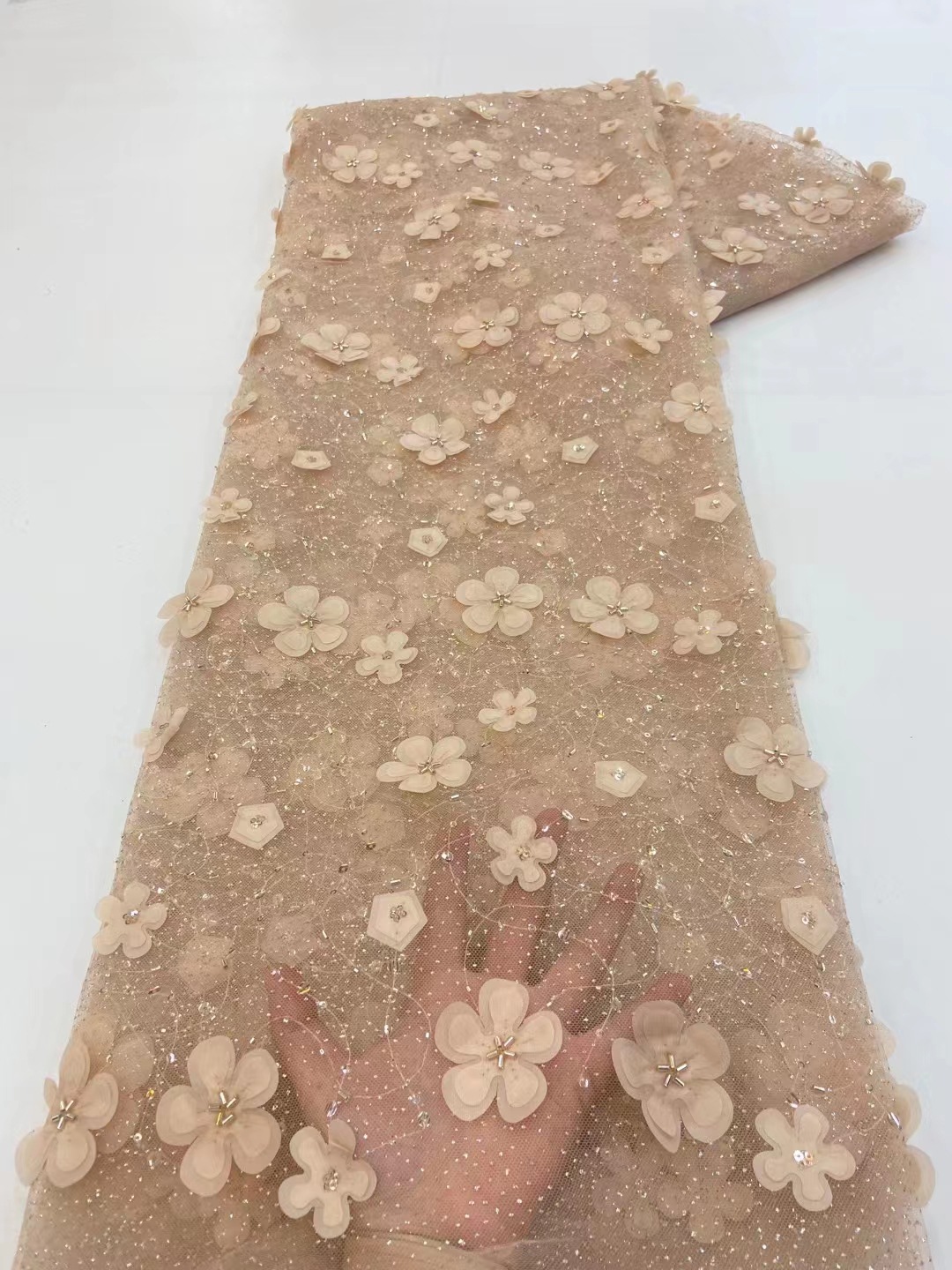 Tela de encaje de flores tridimensional con cuentas ropa infantil fresca vestido de hadas tela de encaje bordado JX3429