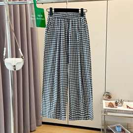 薄款夏季高腰女格子黑白阔腿裤休闲松紧长裤复古宽松百搭垂感2024
