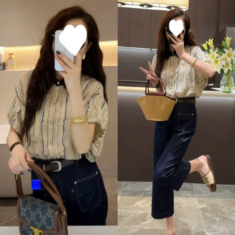 Летний модный универсальный комплект из короткого рукава и прямых джинсовых брюк для женщин 2025 года