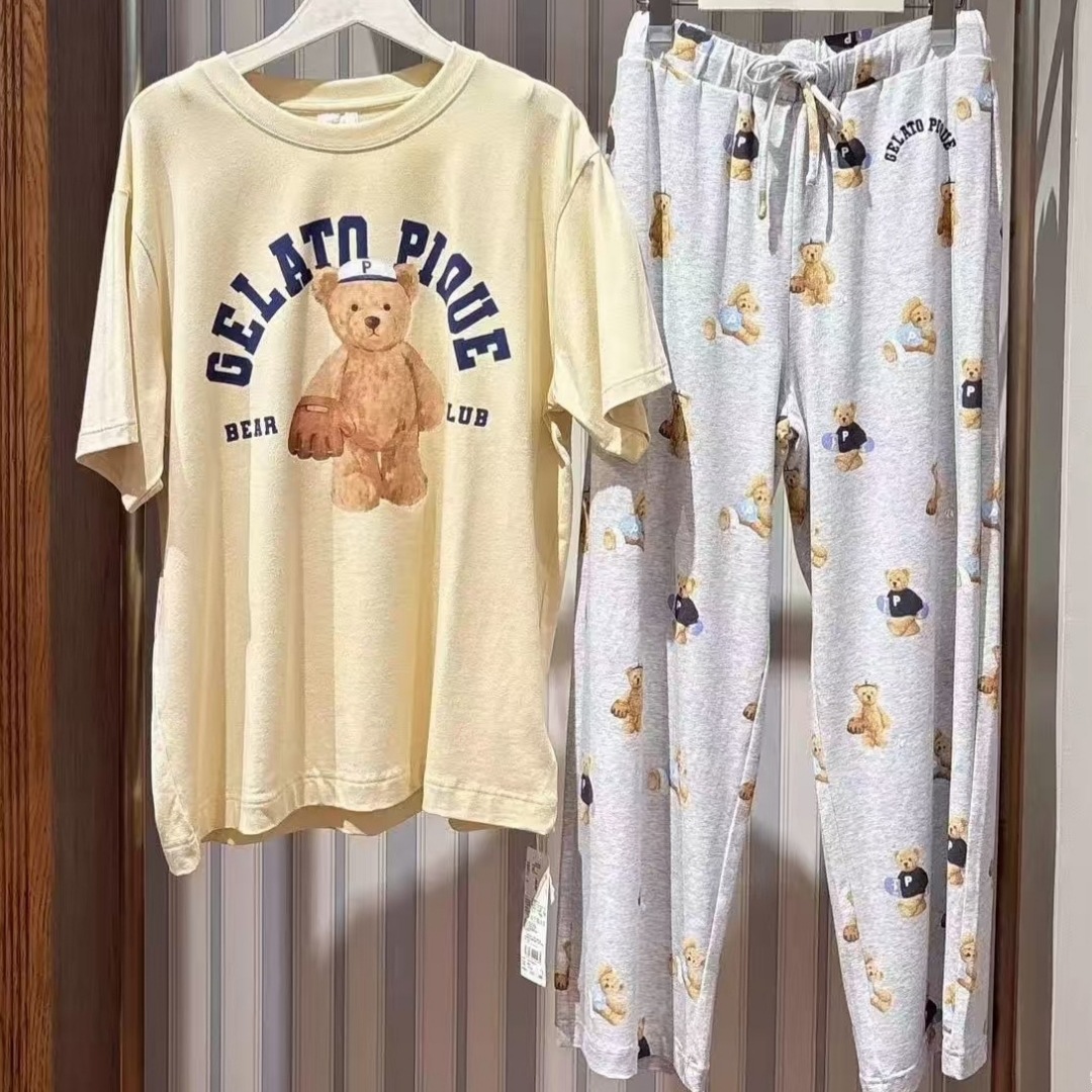 Soft Ice Cream New Cotton Soft Cute Bear Cartoon Print Round Neck Short Sleeve Shorts Men's Home Clothes Set