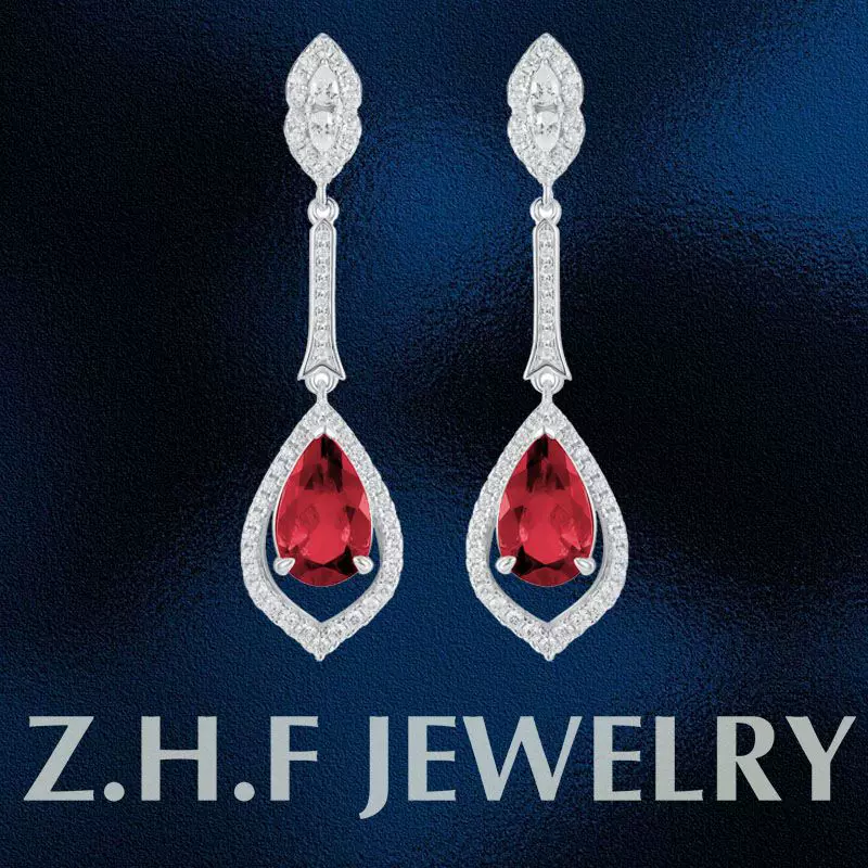 批发跨境热采满钻长款耳钉鸽血红时尚大气水滴型耳环培育宝石耳饰