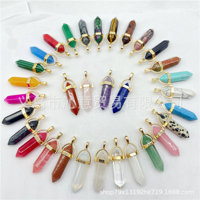 European and American jewelry natural gemstone Crystal agate bullet gold plated metal hexagonal column pendant necklace accessories