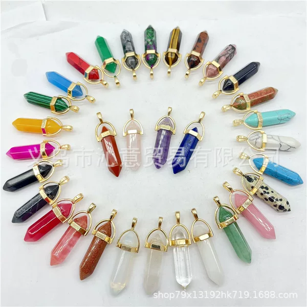 European and American jewelry natural gemstone Crystal agate bullet gold plated metal hexagonal column pendant necklace accessories