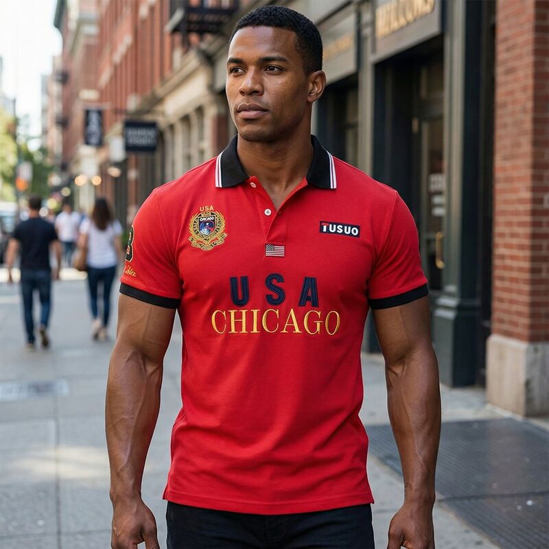 Men's Polo Shirt, Chicago, Usa, Sports Casual, Cotton, Embroidered, Short-Sleeved, Red, Wrinkle-Free, Trendy Brand, Wrinkle-Free, Breathable