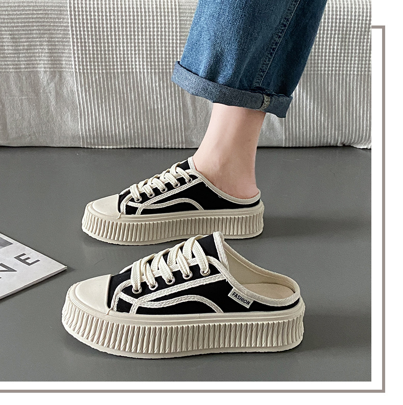 2024 verano nuevos zapatos de galleta ins moda versión coreana de todos los zapatos de lona de arrastre medio zapatos casuales de estudiante de suela gruesa_voghion.com