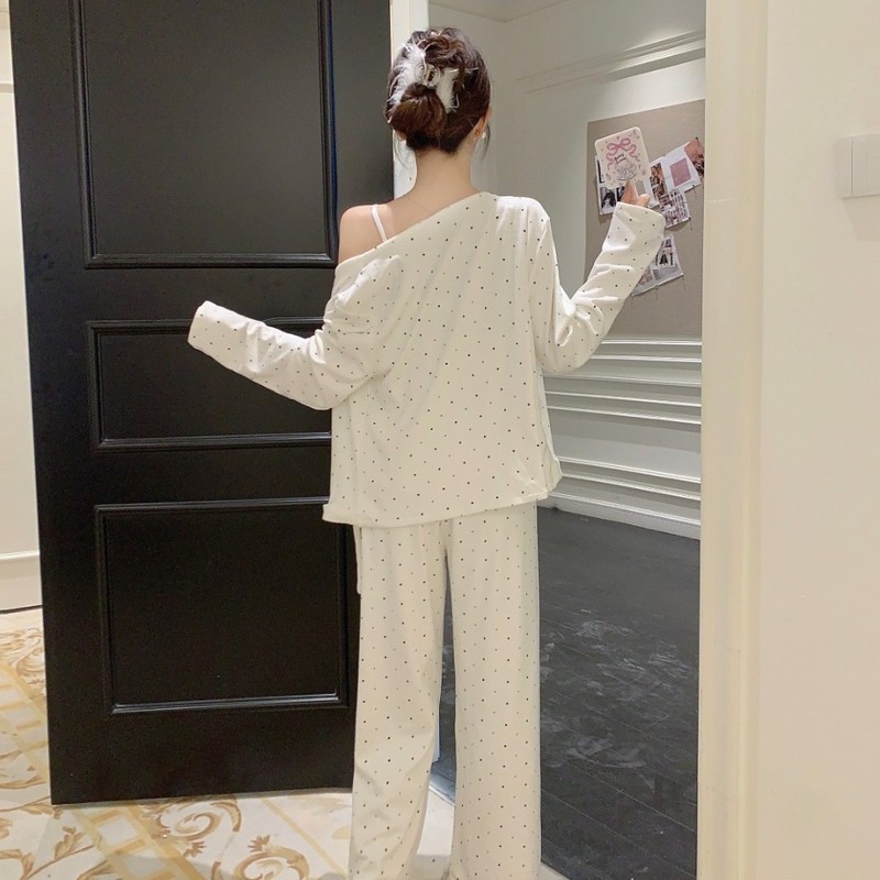 蝴蝶结韩系海岛绒吊带背心波点开衫三件套家居服|undefined