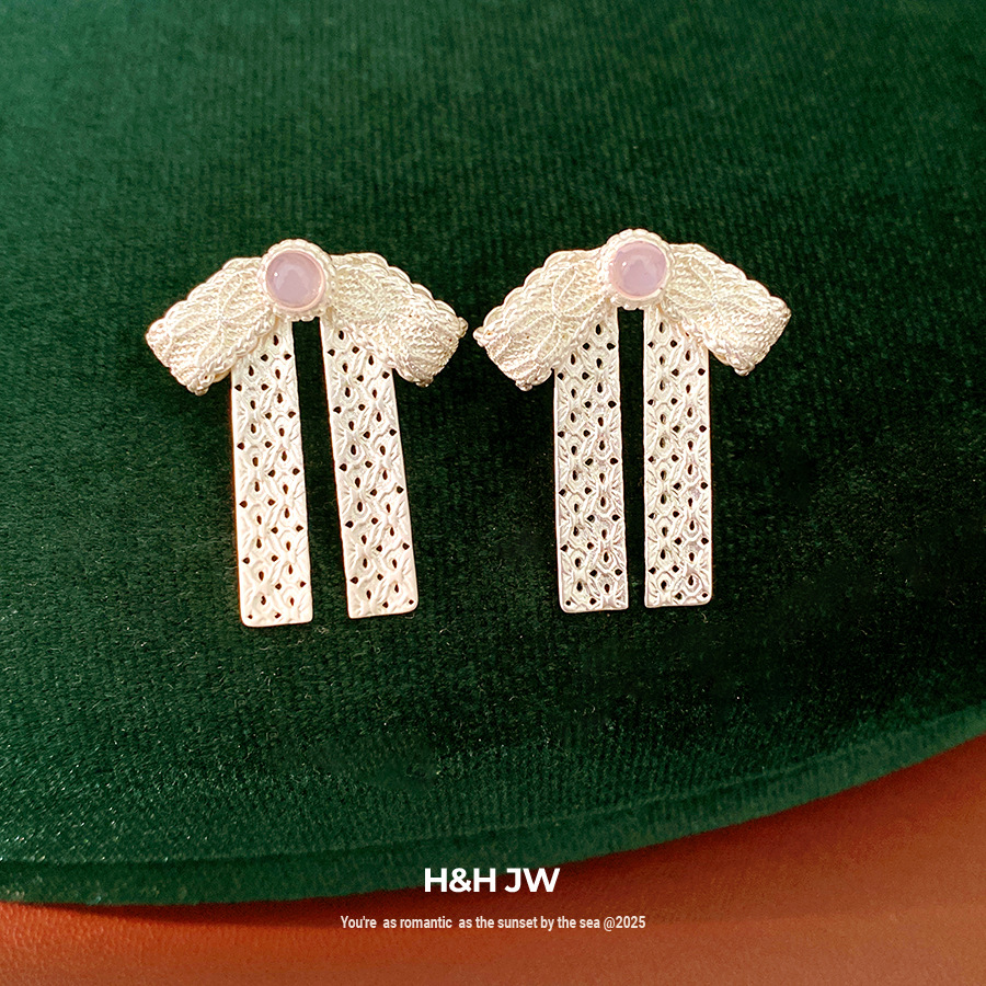 Aguja de plata arco de encaje pequeño temperamento fresco moda dulce aretes coreanos ligeros de lujo alta sensación de orejas para mujeres image 4