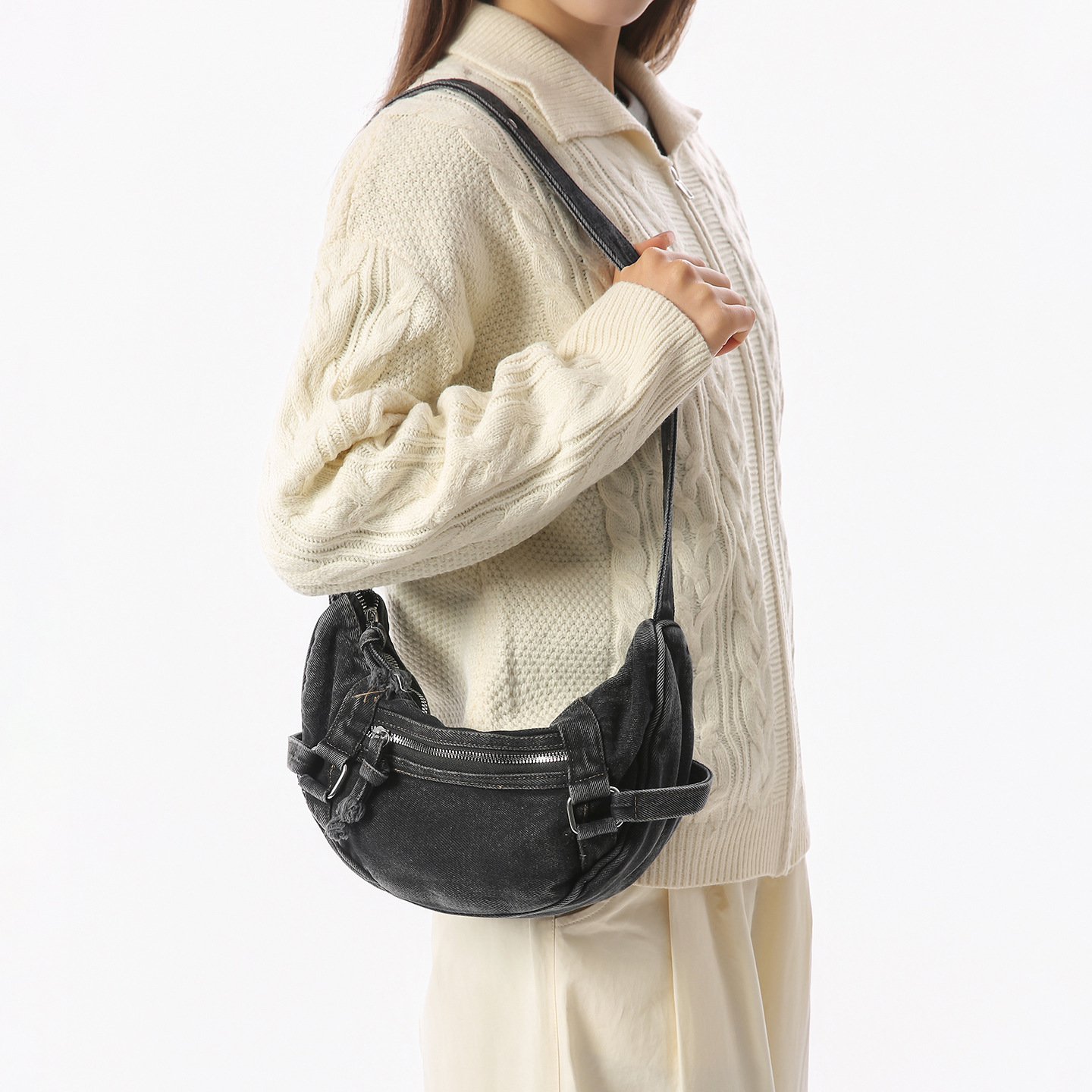 2026 Korean Retro Crescent Denim Dumpling Bag Crossbody Small Casual Shoulder Bag For Women