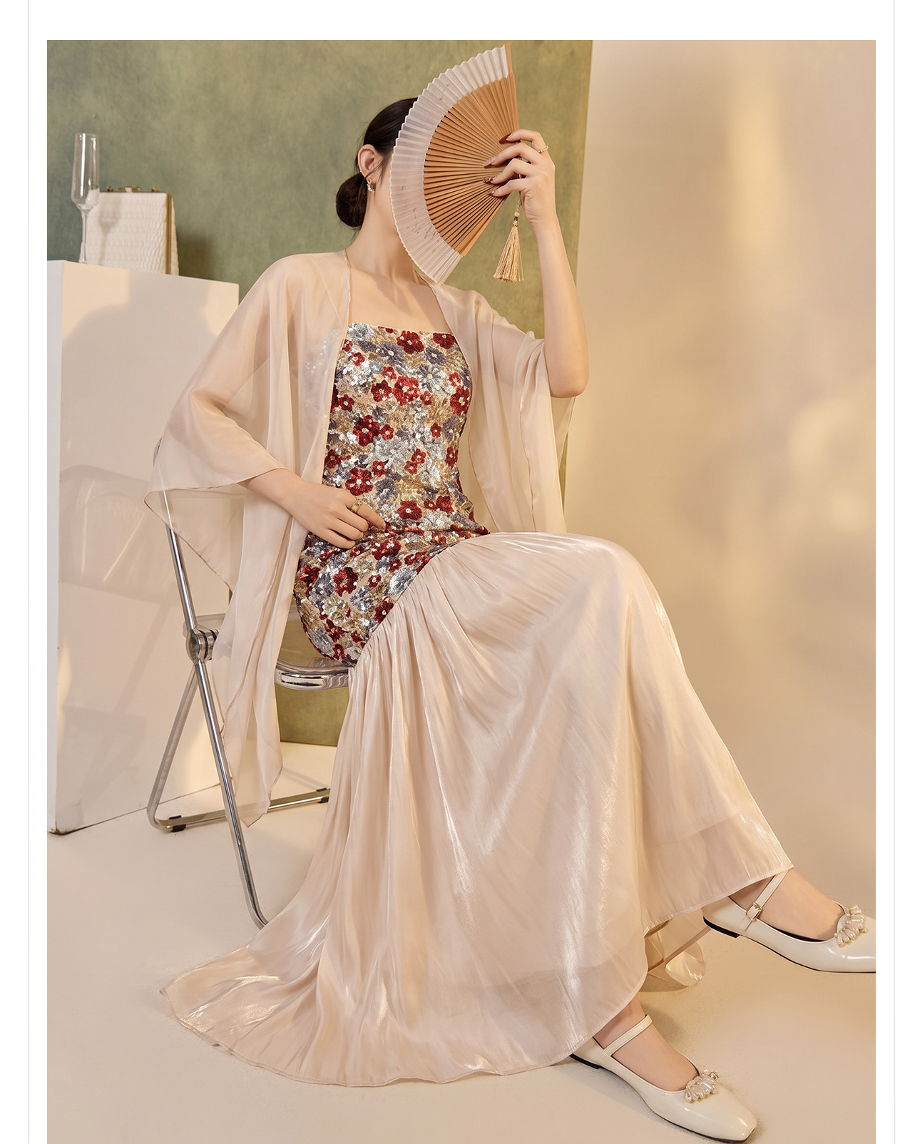 Bộ váy đầm dây thêu ren kết hợp áo khoác cardigan phong cách Trung Hoa mùa hè — Trang chủ, bộ đồ, đầm dây chi tiết 5