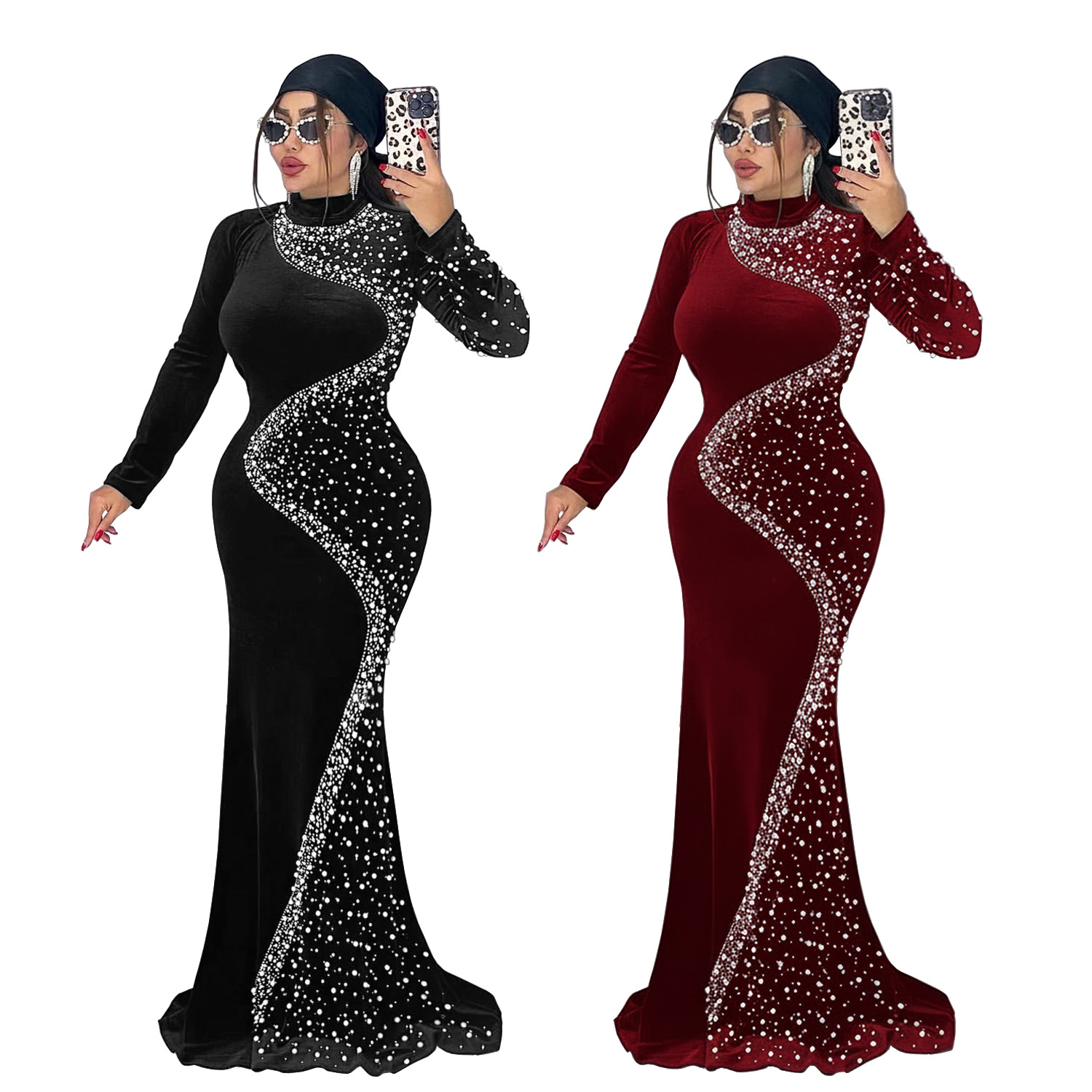 C7616 Aliexpress transfronterizo Amazon Europa y América de moda moda femenina temperamento elegante de seda de diamante vestido de vestido