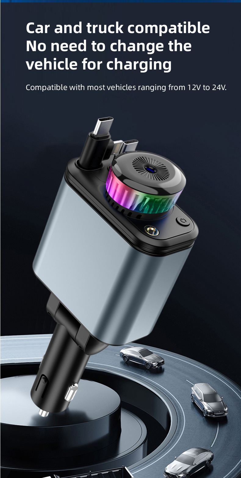 Car fast charger with starry sky light, ambient light, aromatherapy diffuser, Bluetooth MP3 player, retractable data cable