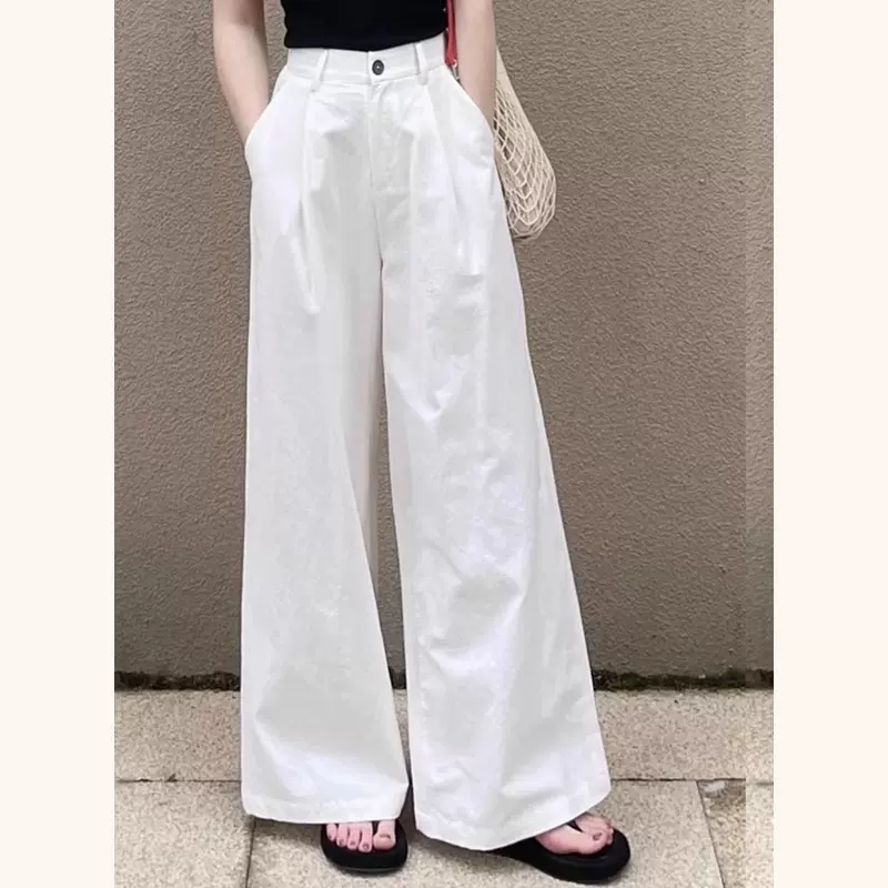 白色水洗棉阔腿裤女夏季薄款梨形身材西装裤子垂感宽松显瘦休闲裤