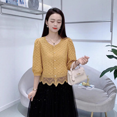 时尚气质衬衫女2025夏季新款洋气拼接蕾丝七分袖小衫百搭显瘦上衣