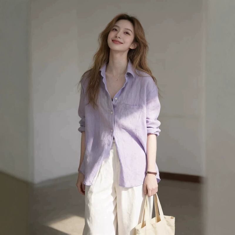 French-Style Purple Linen Shirt for Women, Summer Loose Long-Sleeve Cotton-Linen Shirt, Old Money Style, Loose Breathable Sun-Protective Top