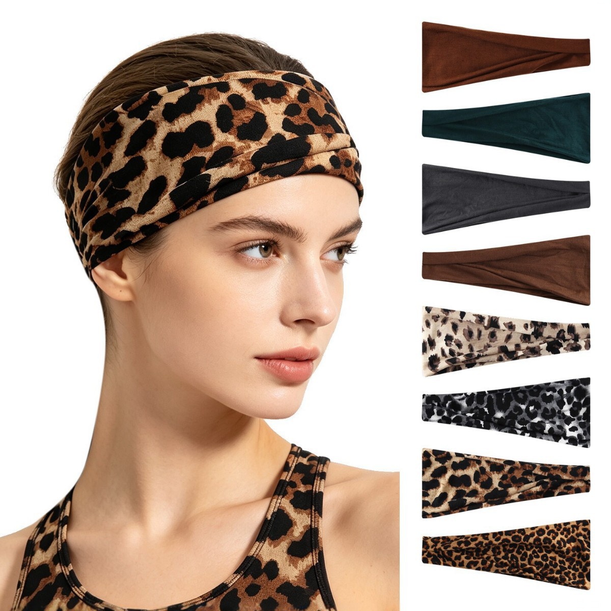 European and American retro leopard print twisted sports headband for women, yoga, fitness, sweat-absorbing wide-brimmed hairband, fashionable face-washing hair tie