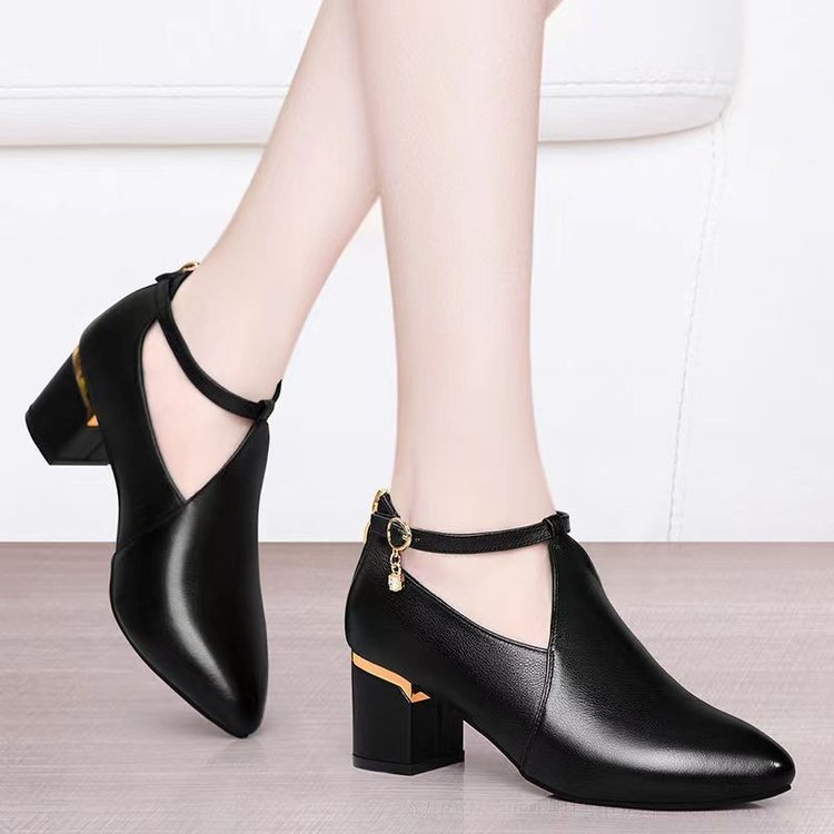 Zapatos de talón grueso y medio para mujeres 2025 primavera nuevos zapatos de cuero de talón alto cómodos con suela suave zapatos de moda para mujeres zapatos de madre