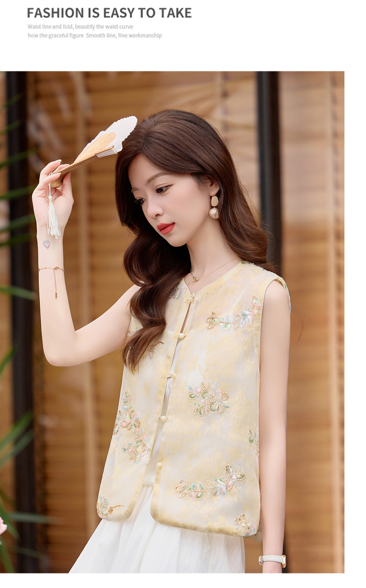 Bộ quần áo nữ mùa hè 2026 gồm áo vest và quần ống rộng — Màu hồng, Vàng nhạt chi tiết 26