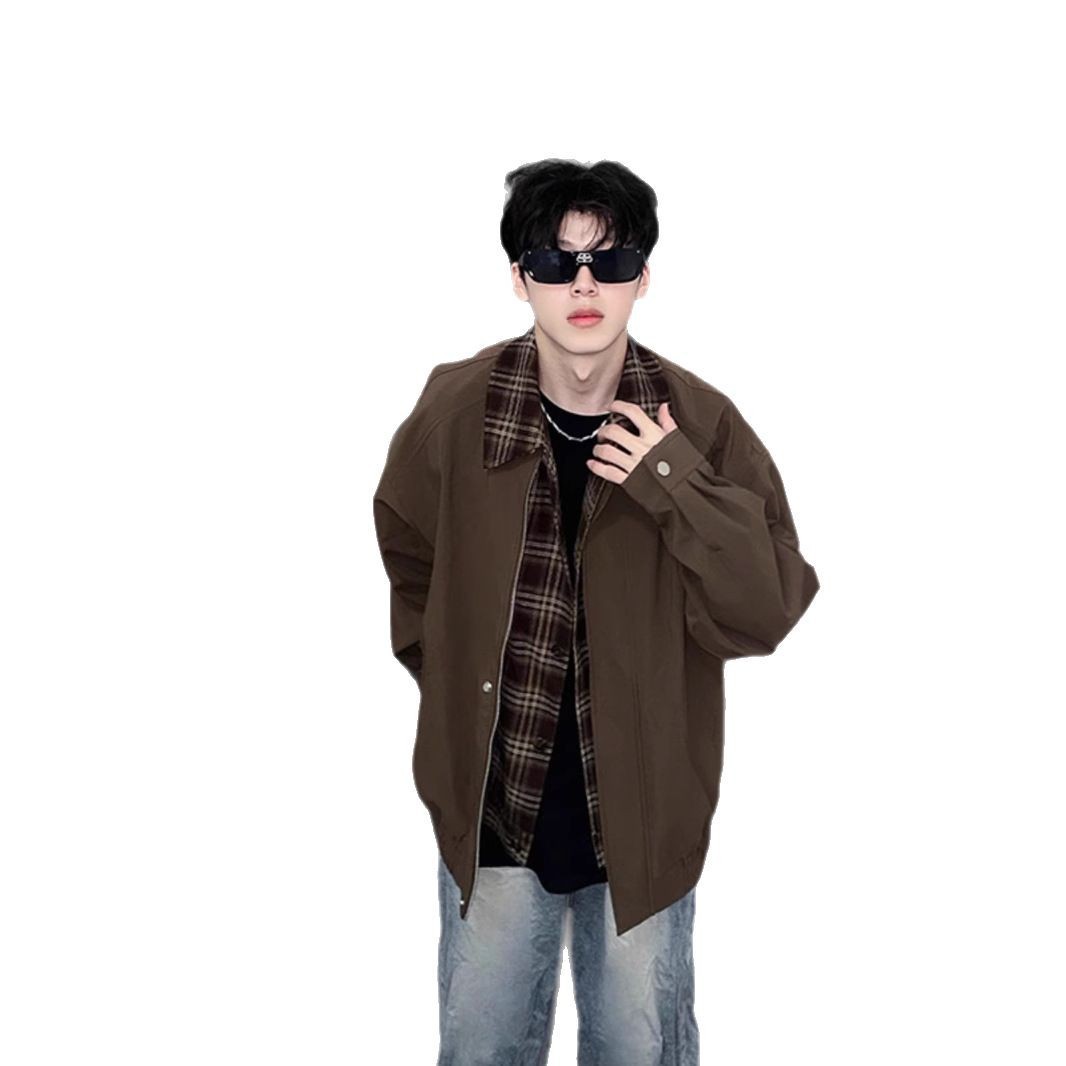 Casual And Cool Workwear Plaid Lapel Patchwork Jacket, Men's Trendy Loose Jacket_voghion.com