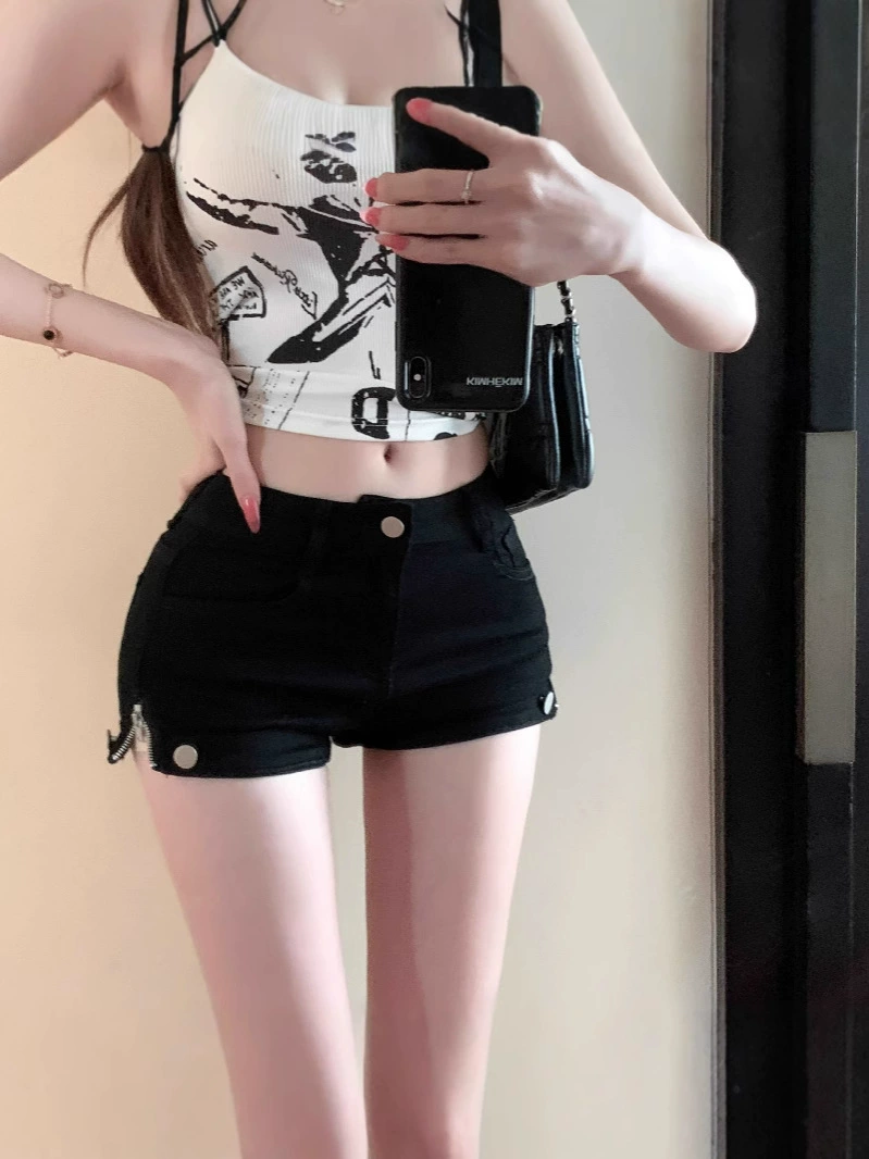 Sexy summer denim skirt with zipper, shorts, black fitted trousers, 2025 years, tight, hip-accented