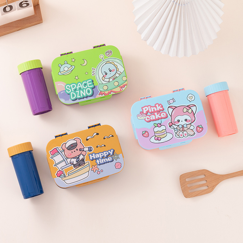 Caja de almuerzo de plástico creativo de dibujos animados puede calentarse por microondas, caja de almuerzo portátil, taza de agua, regalo