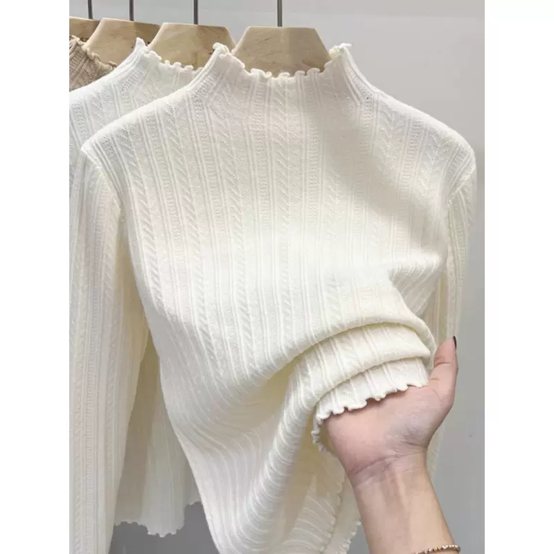 木耳边针织衫半高领打底衫女秋冬内搭白色打底毛衣春秋新款上衣
