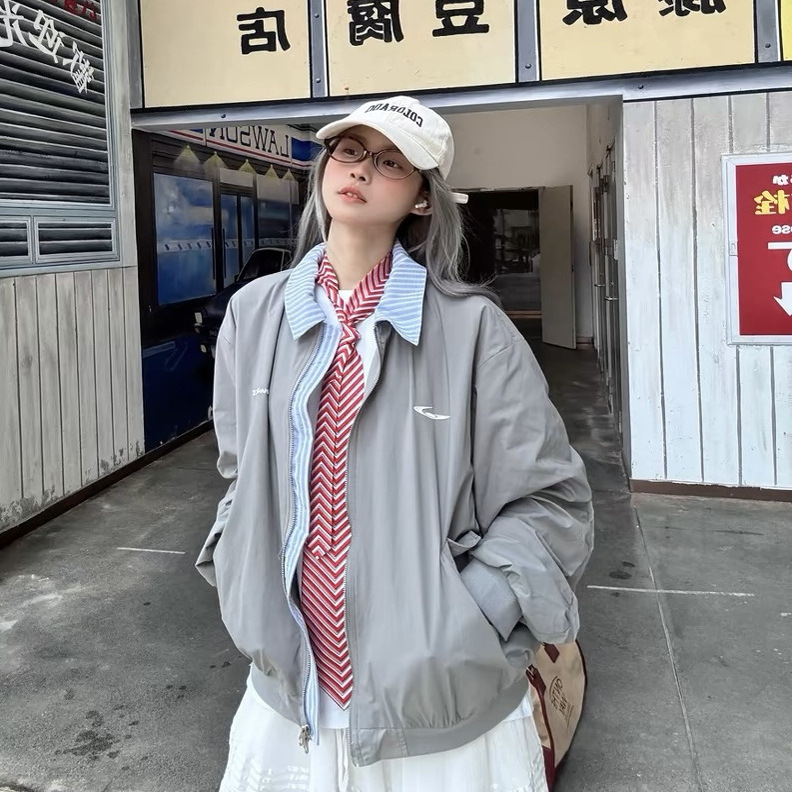 假两件工装外套美式复古棒球服早秋季宽松设计感飞行夹克女潮ins