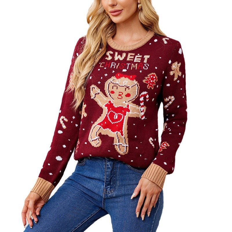 Women's Clothing Christmas sweater women's autumn and winter sweater gingerbread man pattern long sleeve pullover sweater_voghion.com