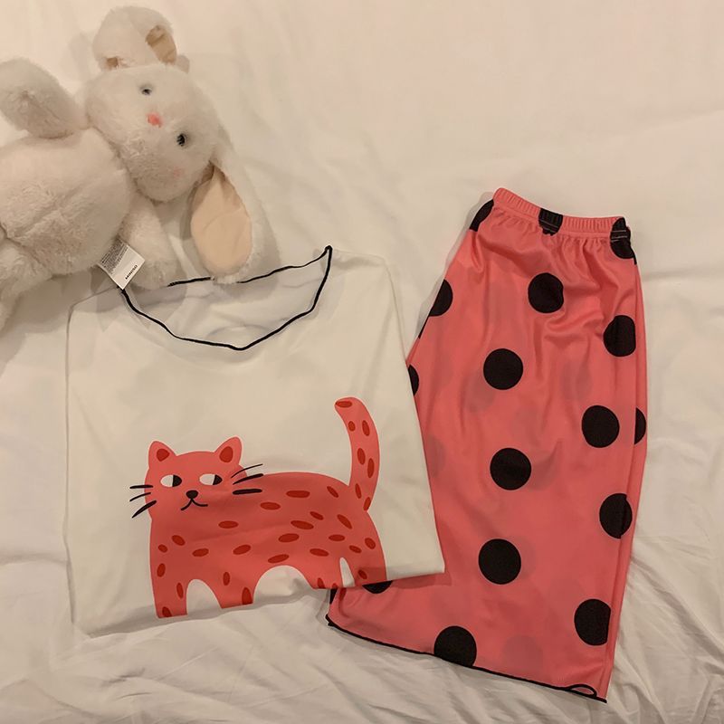 Comercio exterior transfronterizo al por mayor con almohadilla para el pecho hilo de seda de hielo pijamas de cuello redondo mujeres verano casual pantalones cortos de manga corta ropa de casa de dibujos animados