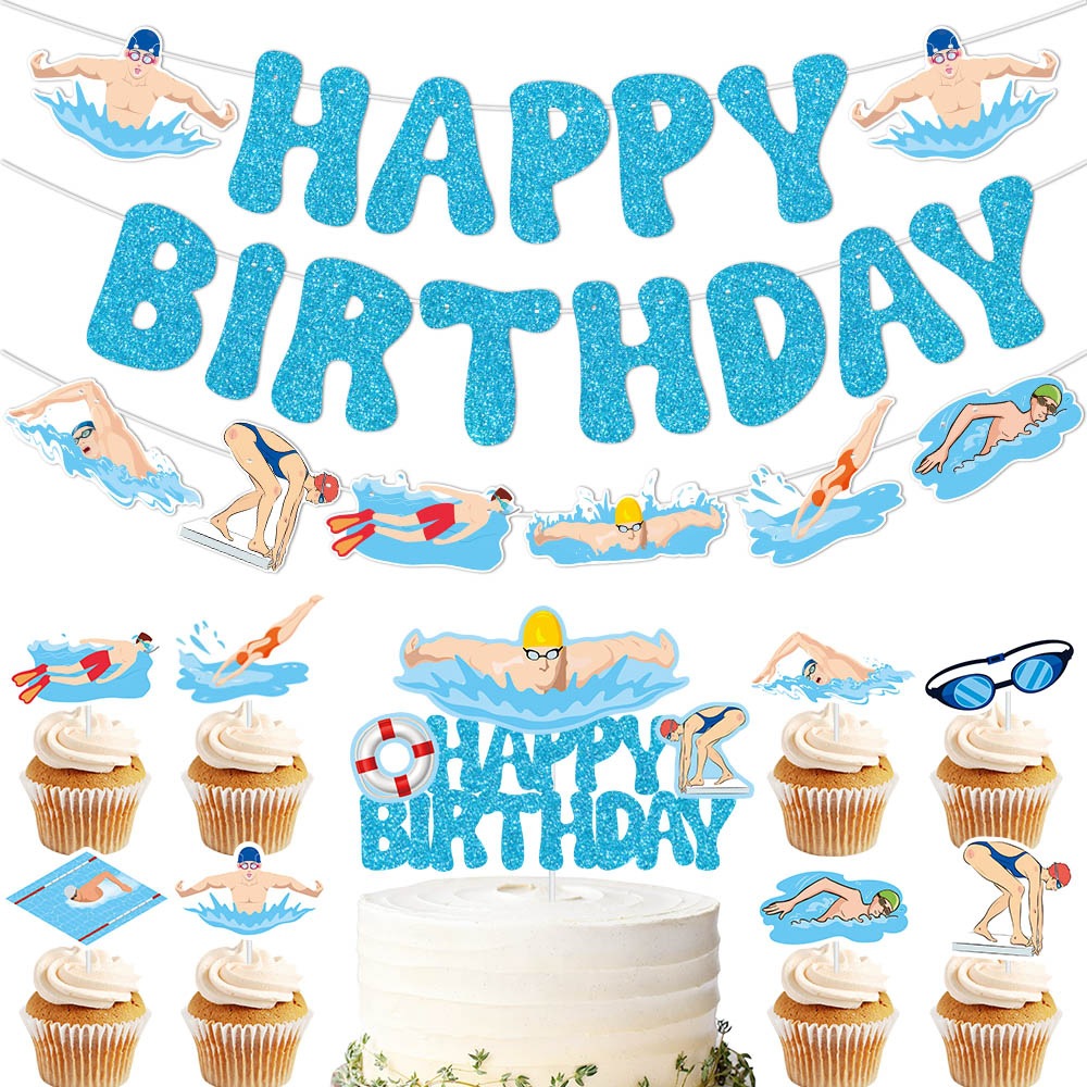 Nuevo tema de natación traje de decoración de cumpleaños natación de verano fiesta de cumpleaños decoración bandera de bandera de decoración plug-in