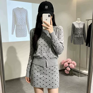 两件套黑白波点毛线针织开衫秋冬新款2026韩系显瘦百搭毛衣套裙