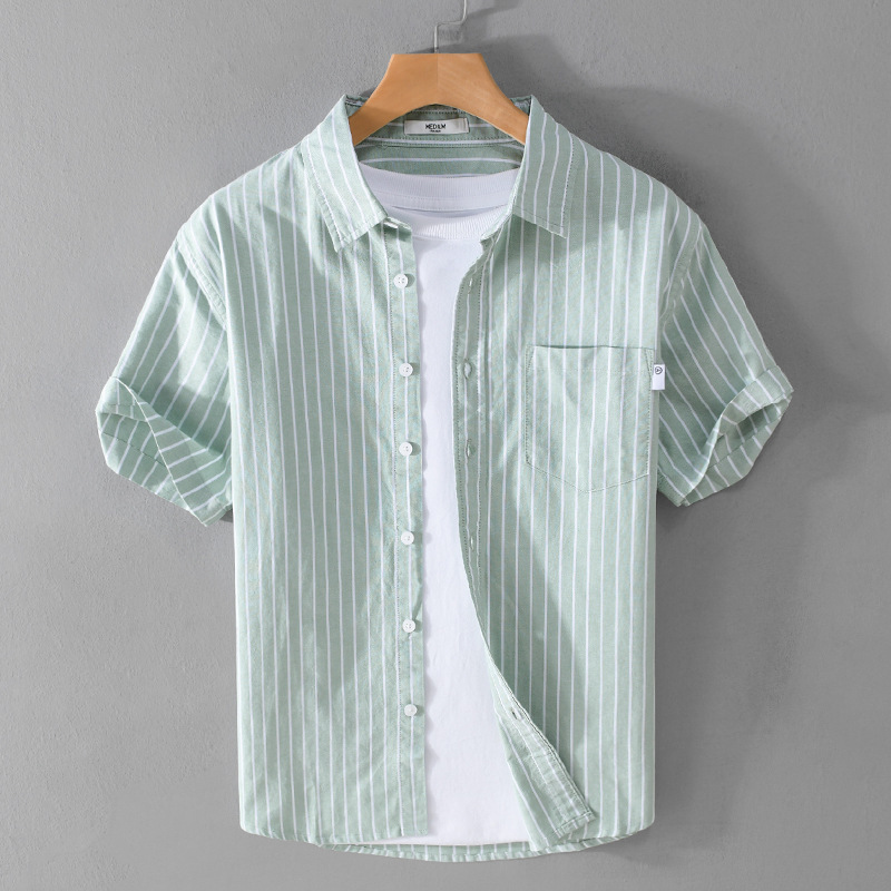 Summer Men's Oxford Stripesd Short-Sleeved Shirt Trendyy Casual Loose Simple Fresh Men's Shirt 964