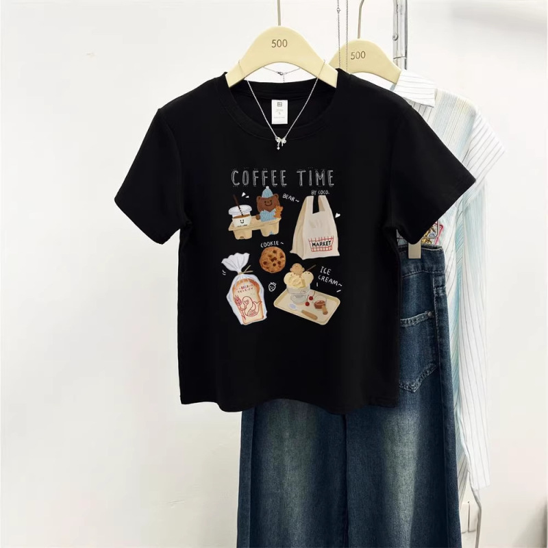 Plus-Size Women's Short-Sleeve T-Shirt with Regular Shoulders, Summer New Korean Style, Unique Round Neck, Fun Print, Short-Sleeve Women's T-Shirt