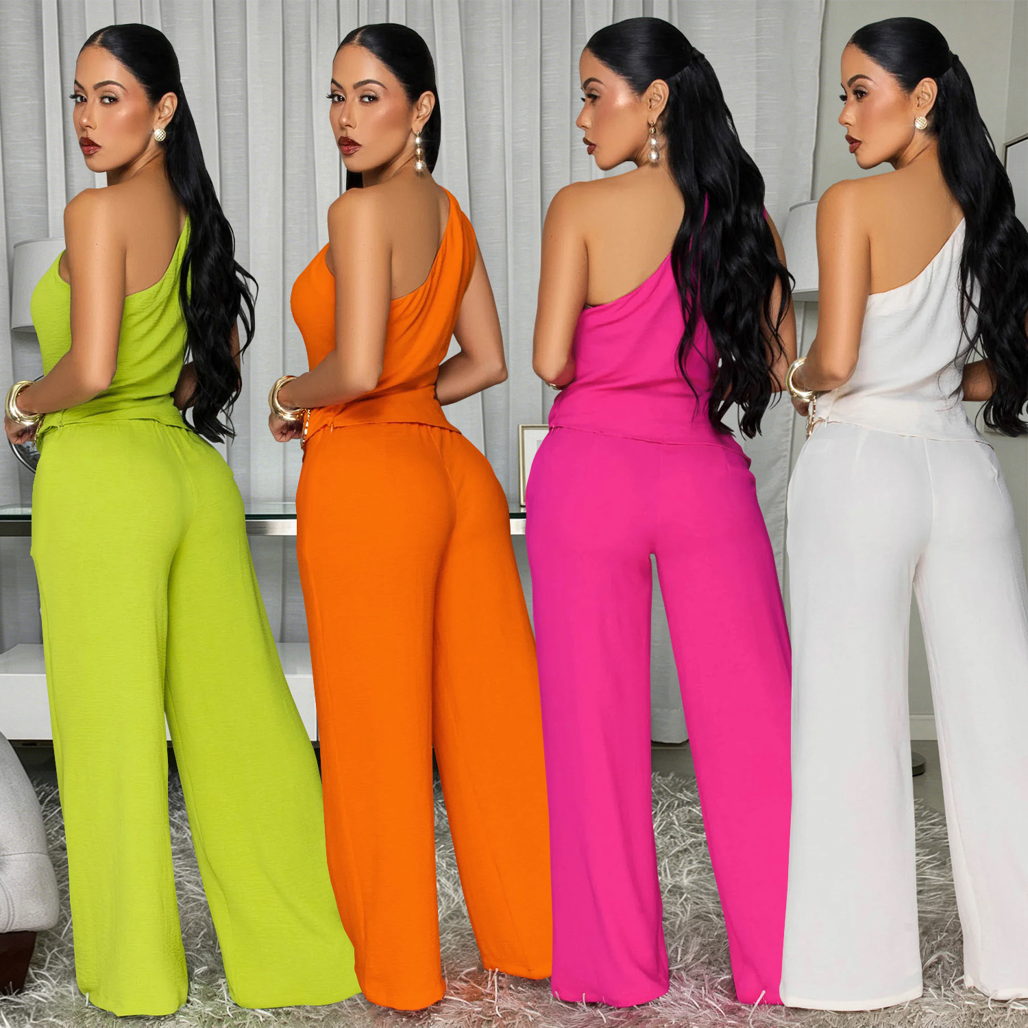 C7736 Aliexpress transfronterizo Amazon 2026 nueva ropa de mujer casuales de color sólido blusa de hombro inclinada pantalones largos dos piezas