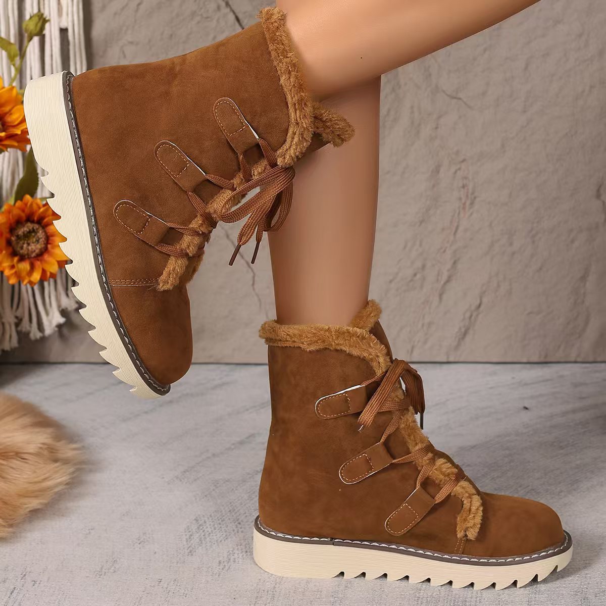 Große größe schnee stiefel frauen tragen mode große größe schnüren flache und flor verdickung_voghion.com