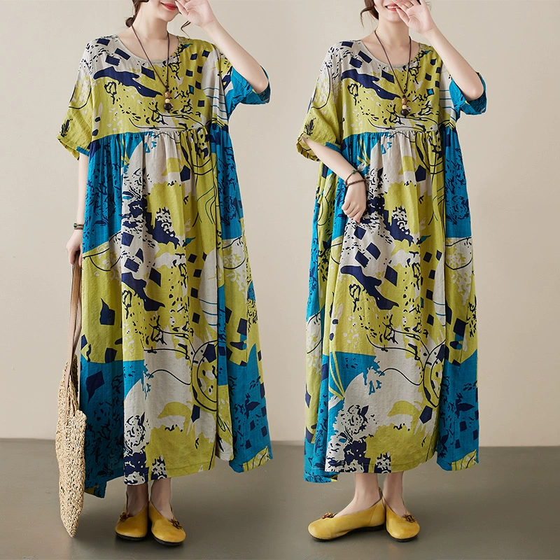 Summer retro dress with a round collar, plus size