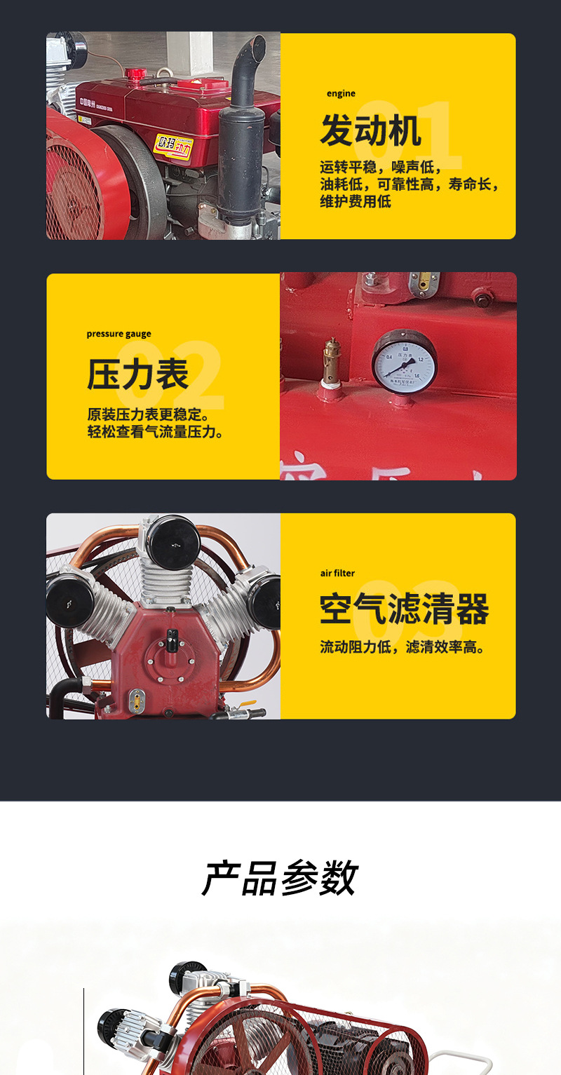 Mine piston air compressor, mobile air compressor, construction site rock drilling pneumatic pickaxe, quarry engineering air compressor