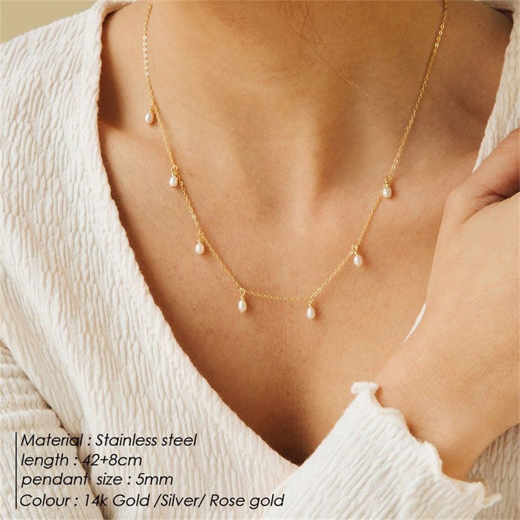 6g Weight 0.05µm-0.08µm Gold Plating Thickness PVD Coated Real Gold Plated Solid Color Stainless Steel Imitation Pearl Elegant Waterproof Non Tarnish 304 Stainless Steel Necklace