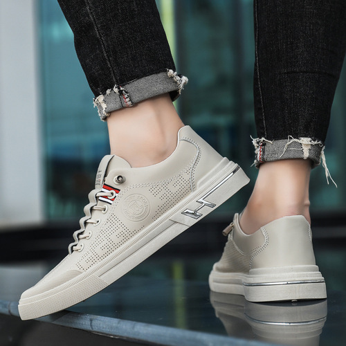 Men's Summer Mesh Leather Casual Board Shoes with Soft Breathable Insoles, Heel Lift, and White Sneakers