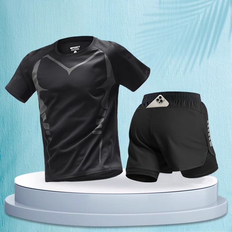 ランニングメンズスポーツスーツマラソンプロ夏半袖ショーツ機器速乾性トレーニングフィットネス服|undefined