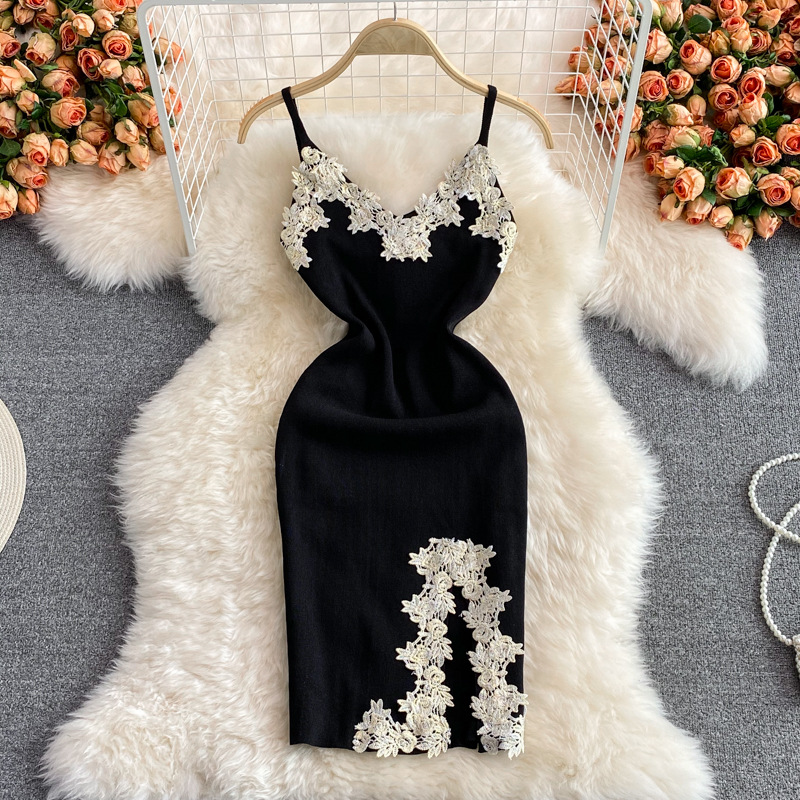 French retro flower embroidery halter kn...