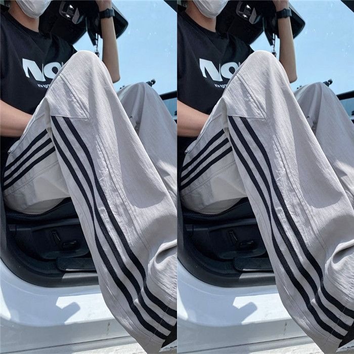 Pantalones de hielo de verano de tres barras para hombres delgados pantalones deportivos largos sueltos rectos de piernas anchas pantalones casuales de hombre