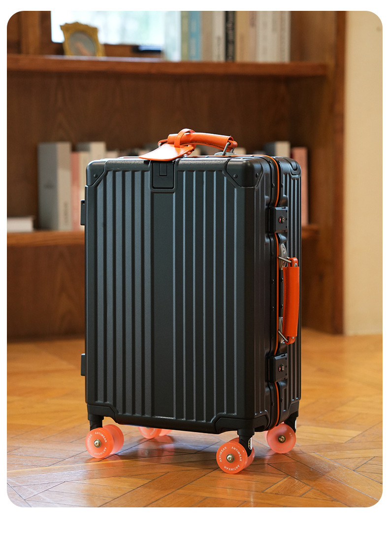 Vali nhôm khung rộng 2025 có giá để cốc, bánh xe trượt, size 20/24/26 inch — Màu đen với màu cam [móc bên bánh xe trượt băng rộng], Trắng với cam [móc bên bánh xe trượt băng rộng], Màu đen với màu xanh lá cây [móc bên bánh xe trượt băng rộng], Trắng với xanh lá cây [móc bên bánh xe trượt băng rộng] chi tiết 17