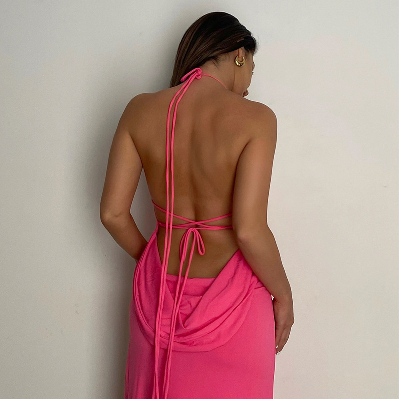 Halter Neck Slim Slit Long Backless Lace-up Solid Color Dress display picture 4