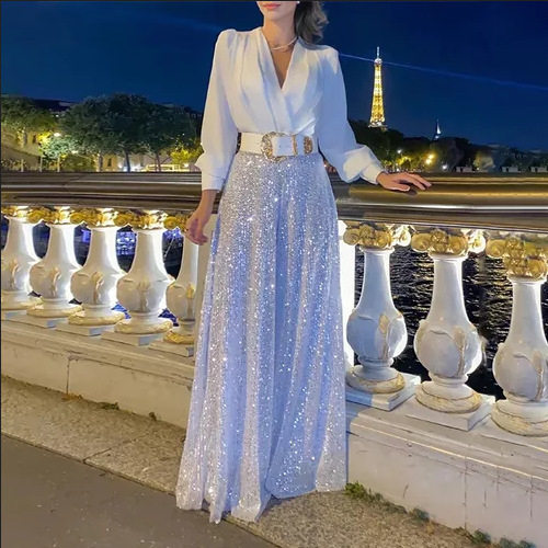 Cross Border 2024 New Women's Ball Sequin V-neck Loose Elegant Party Elegant Party Dress