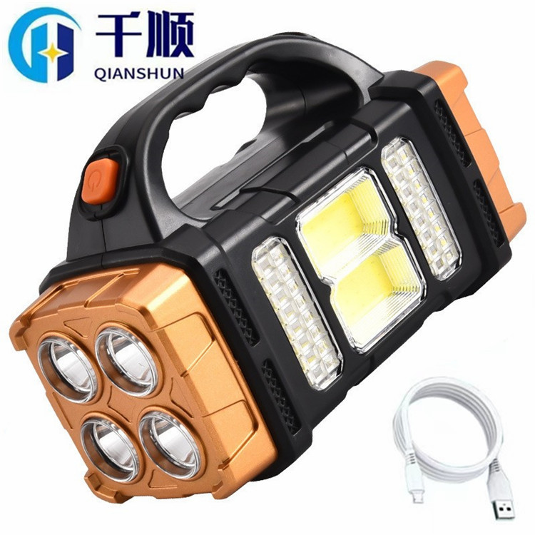 Cross-border solar bright light portable lamp outdoor emergency charging led flashlight USB dual light source camping searchlight