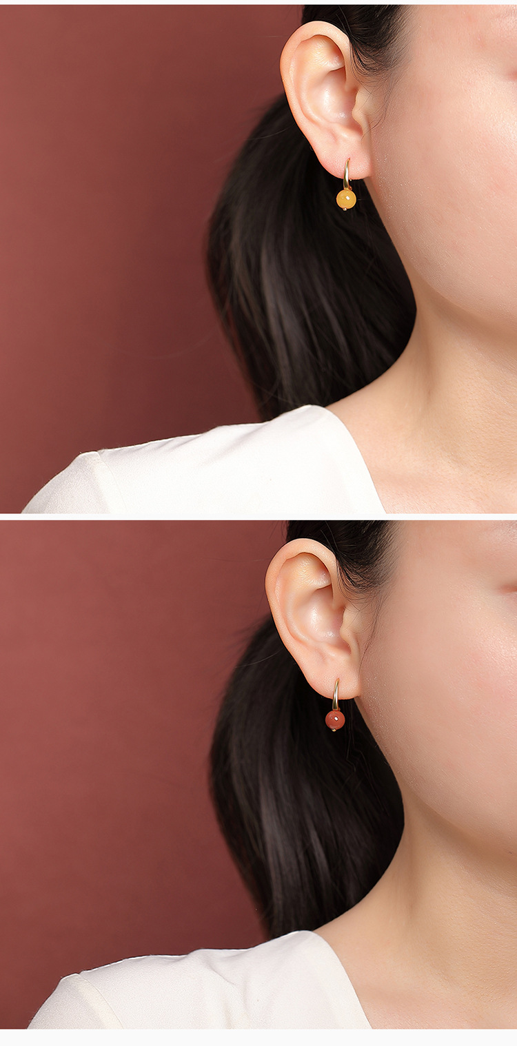 Khuyên tai hoop bạc S925 mạ vàng đính ngọc tự nhiên đơn giản — Mật ong sáp chi tiết 7